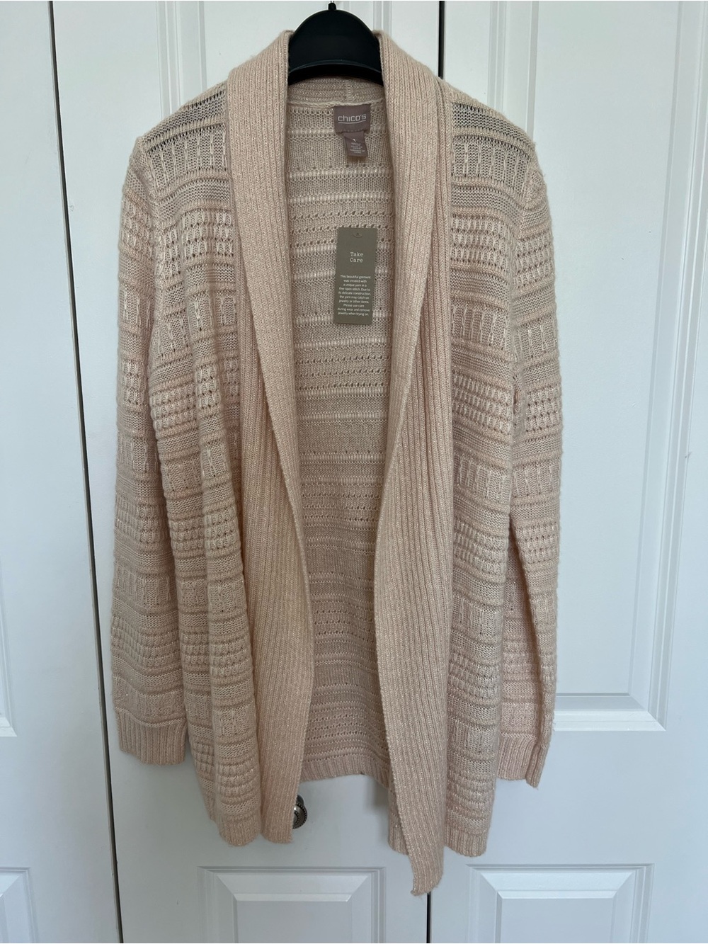 Chico's Open Front Cardigan Sweater - Blush/Taupe with gold metallic threads